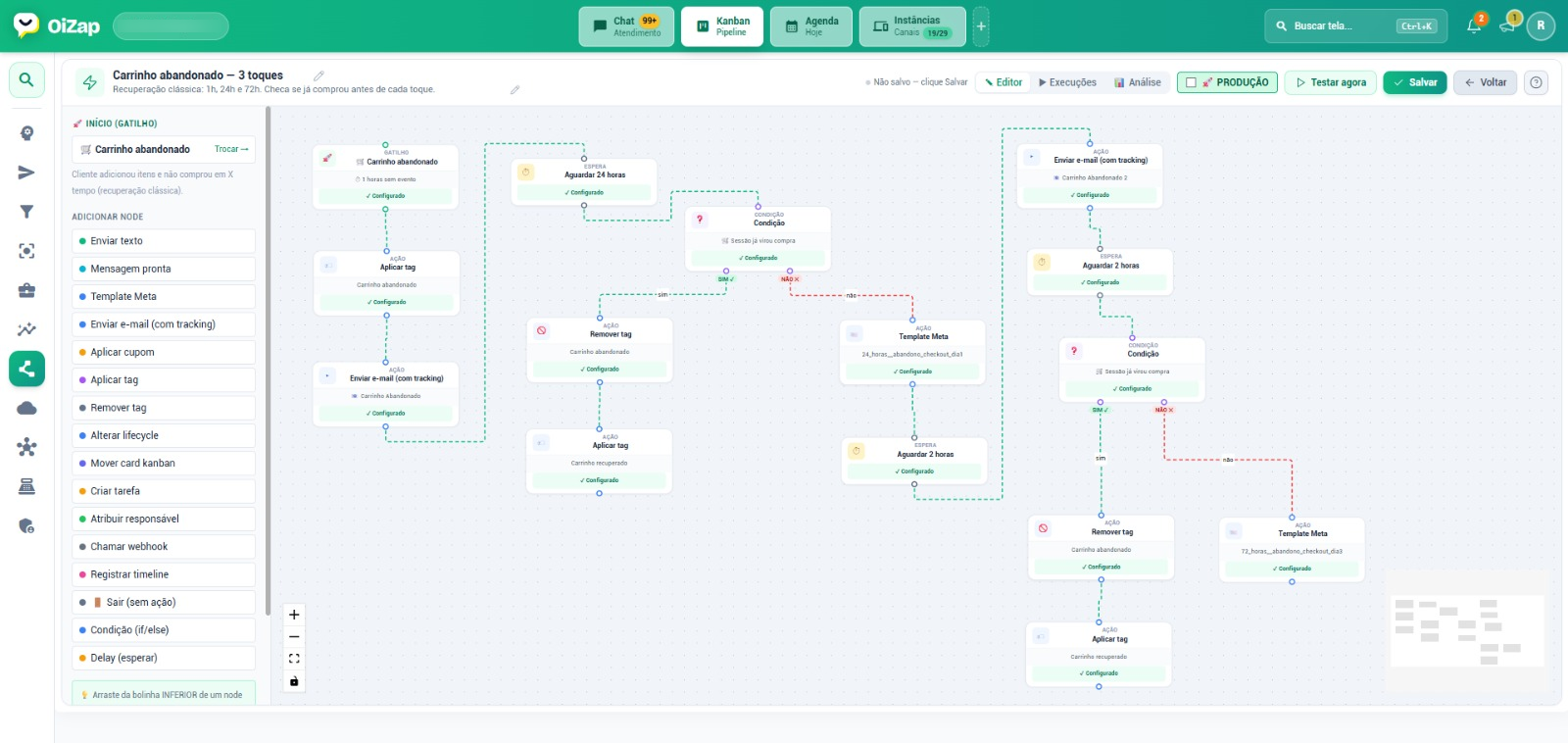Automação de fluxo de atendimento do OiZap CRM