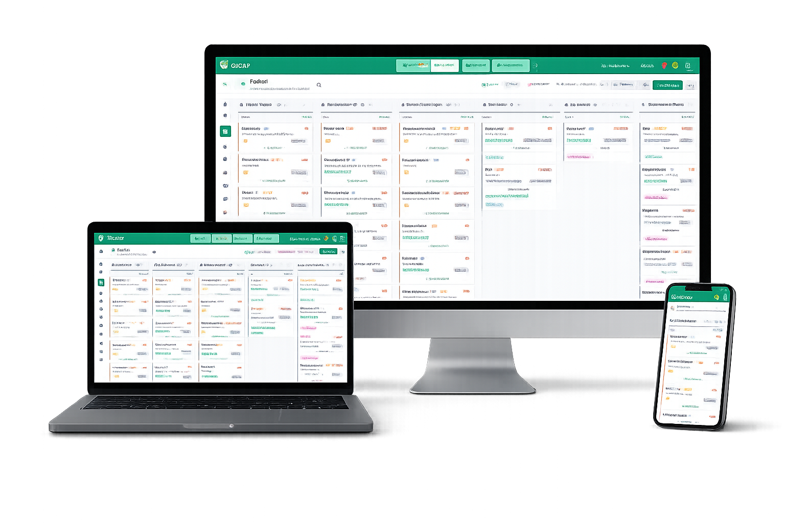 Painel OiZap CRM em desktop, notebook e celular